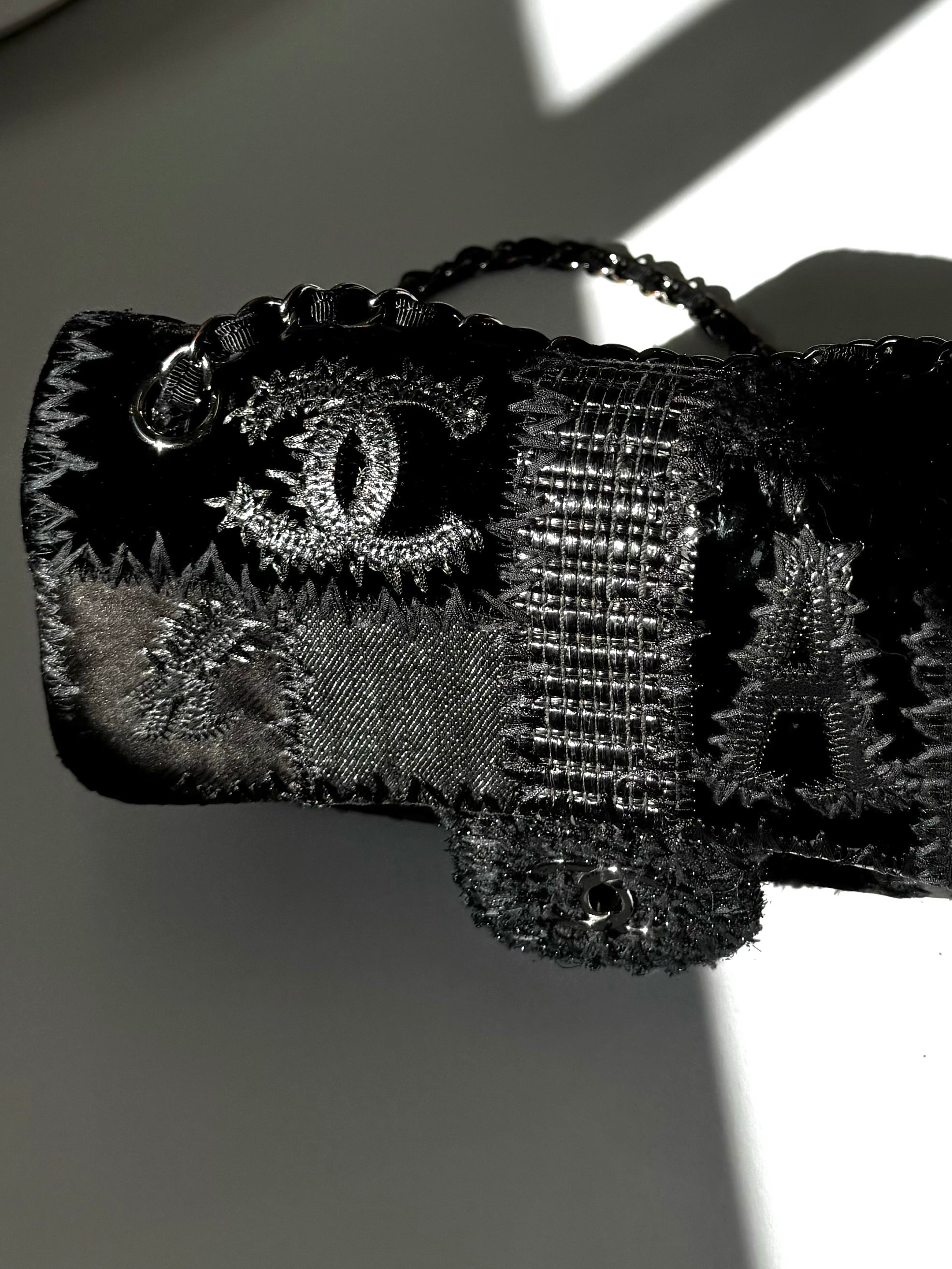 Chanel Black Patchwork Medium Single Flap Bag Silver Tone Hardware