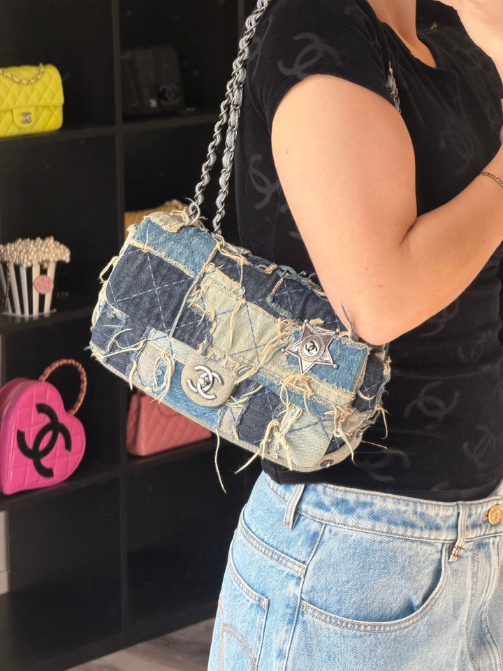 Chanel Paris-Dallas Flap Bag Blue Patchwork Denim Gunmetal Hardware 2014