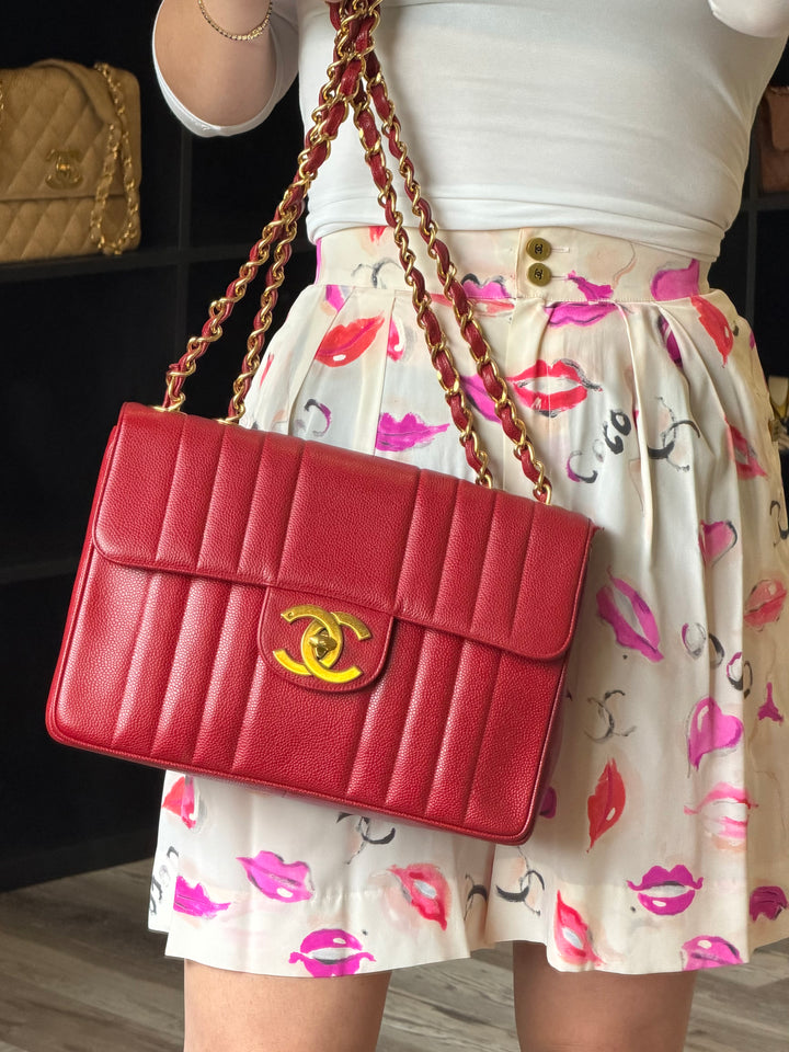 Chanel Vertical Flap Jumbo Red Caviar 24K Gold Plated Hardware 1994