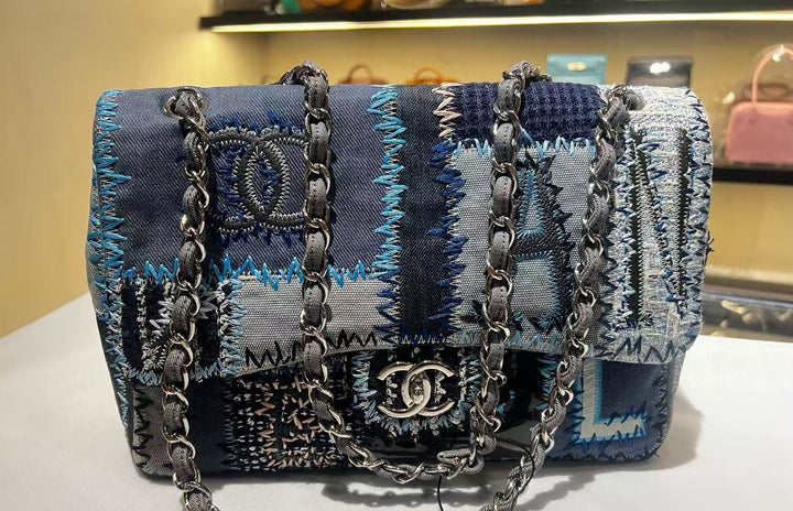 Chanel Jumbo Single Flap Patchwork Denim Blue Tweed Textile Leather Silver Hardware 2015