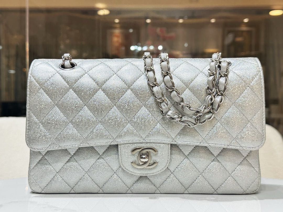 Chanel 21K Medium Flap Bag Silver Metallic Caviar Leather Silver Tone Hardware 2021