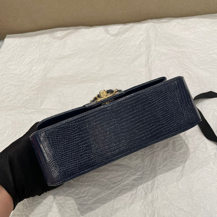 Chanel Navy Blue Lizard Mini Flap Brushed Gold Hardware 2018