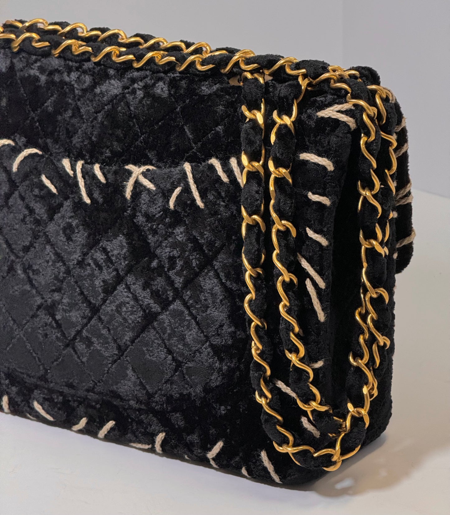 Chanel 1993 Black Velvet Whipstitch CC Flap Bag