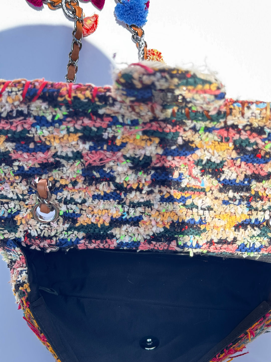 Chanel Medium Multicolor Tweed Pom Pom Flap