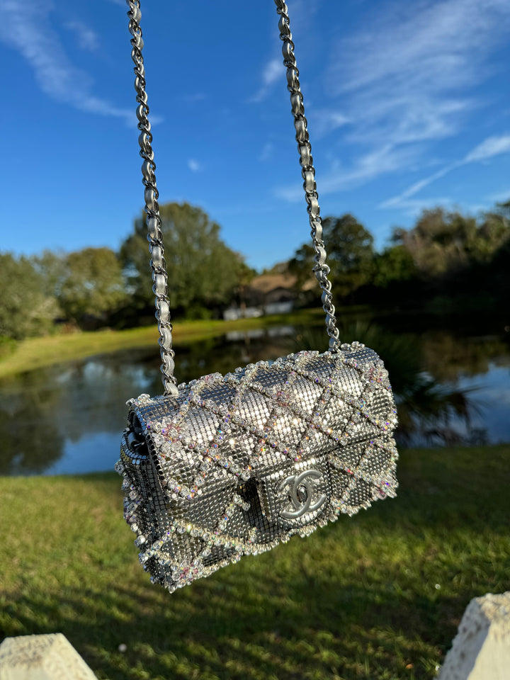 Chanel Silver Crystal Embellished Mini Flap