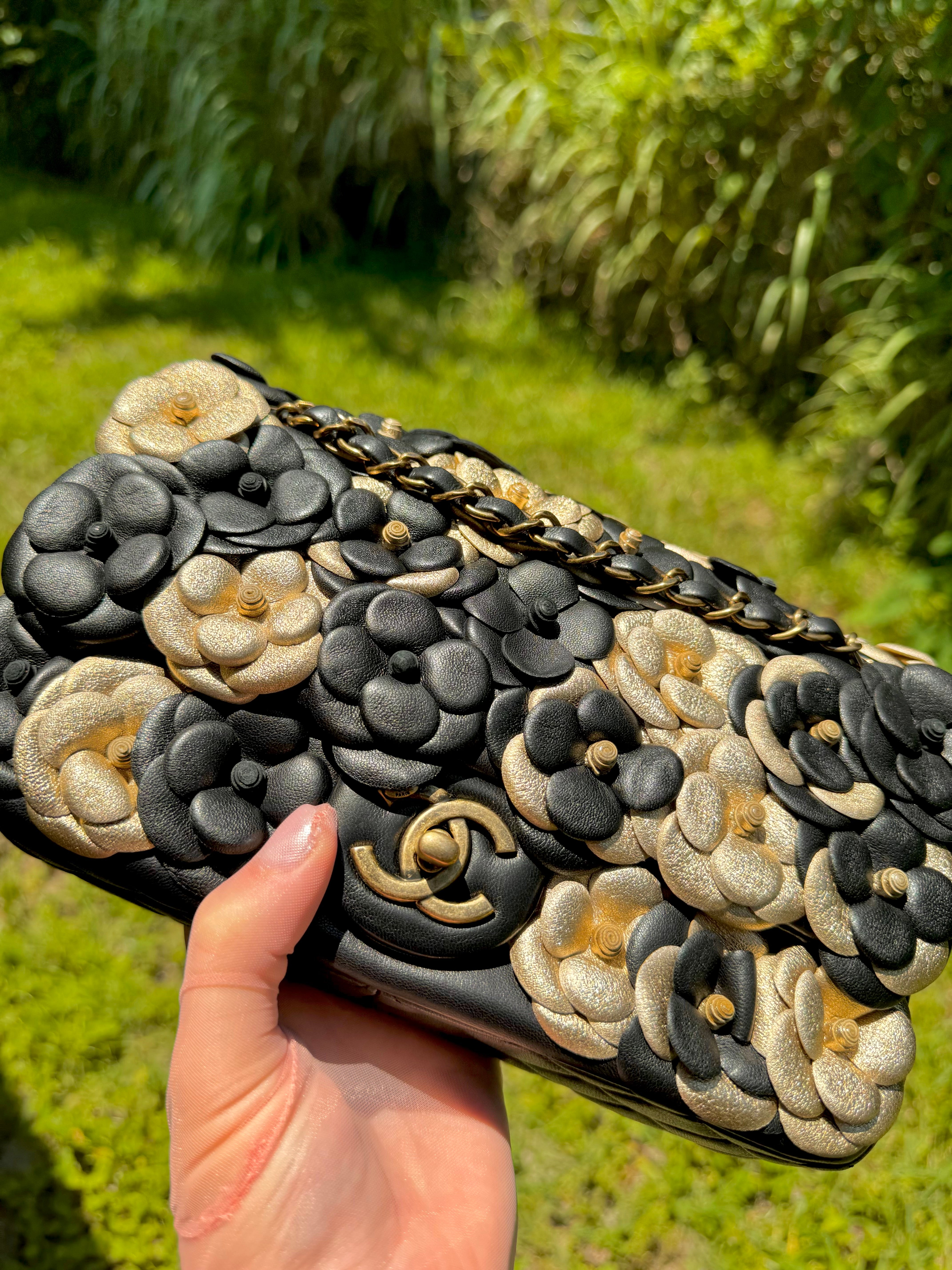 Chanel Metallic Gold and Black Lambskin Camellia Rose Appliqué