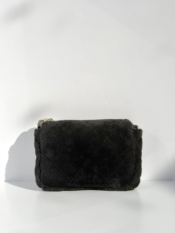 Chanel 2020 Shearling & Strass Black Flap Bag