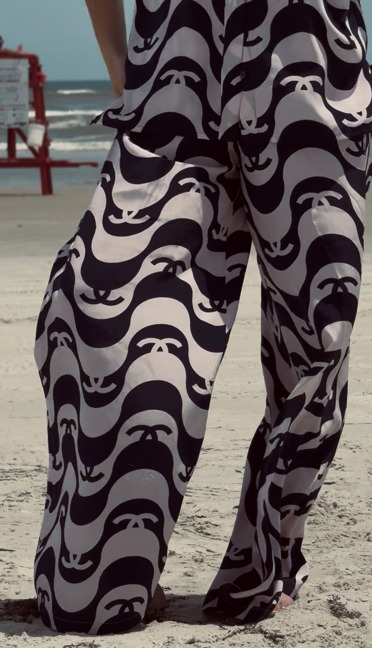 Chanel 2021 Black & White Silk Wave Shirt & Pants Set