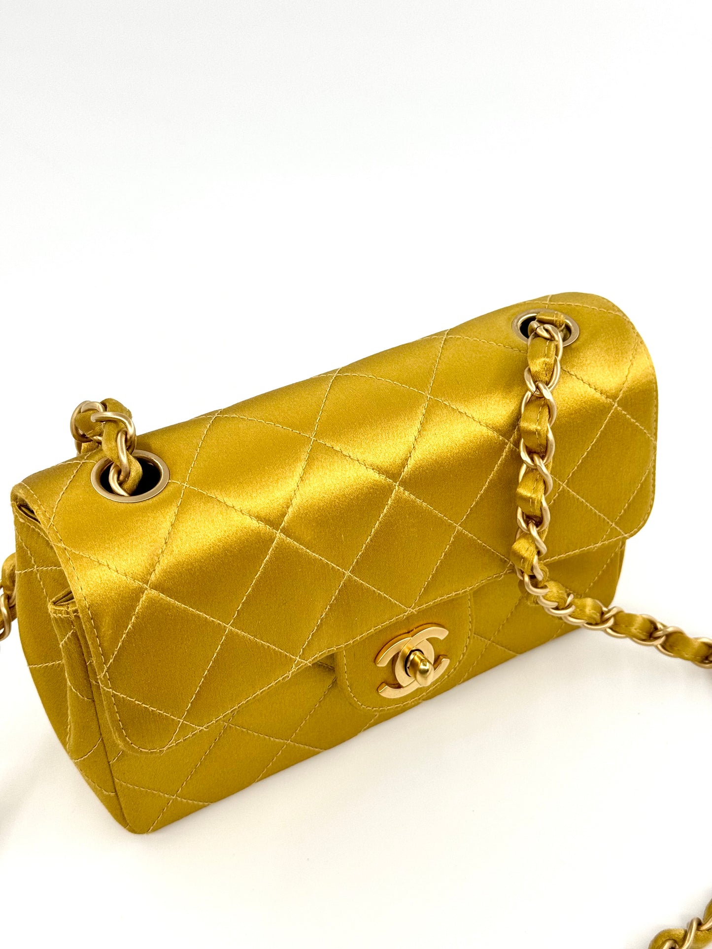 Chanel Gold Satin Mini Rectangle Flap