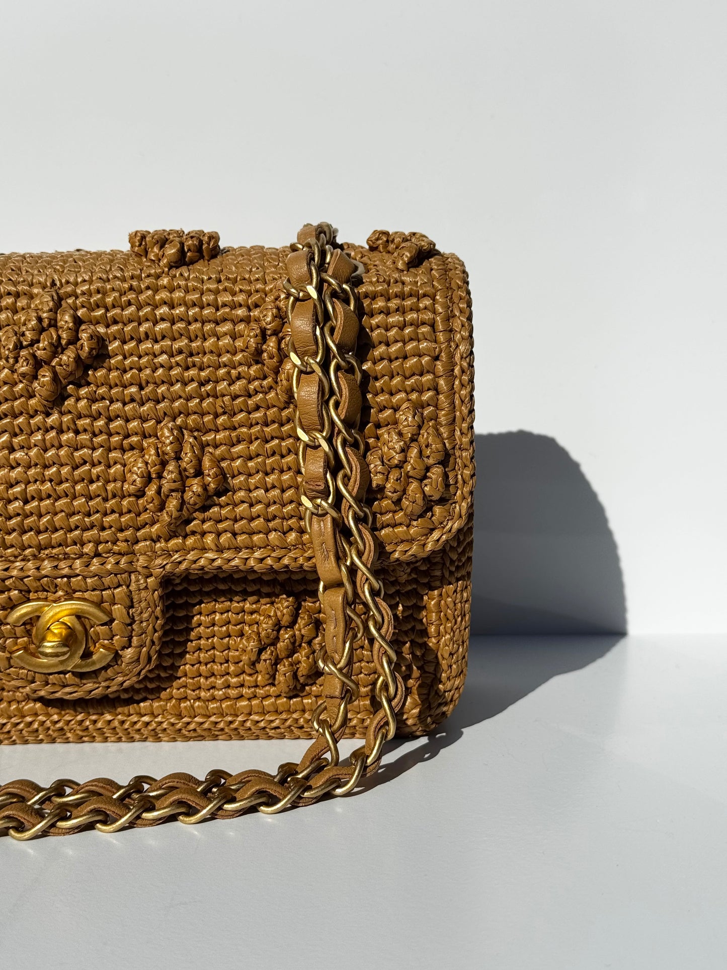 Chanel 24P Tan Braided Raffia Medium Flap Bag