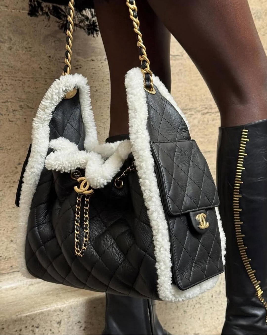 Chanel 25 Crumpled Shearling Sheepskin Small Hobo Bag