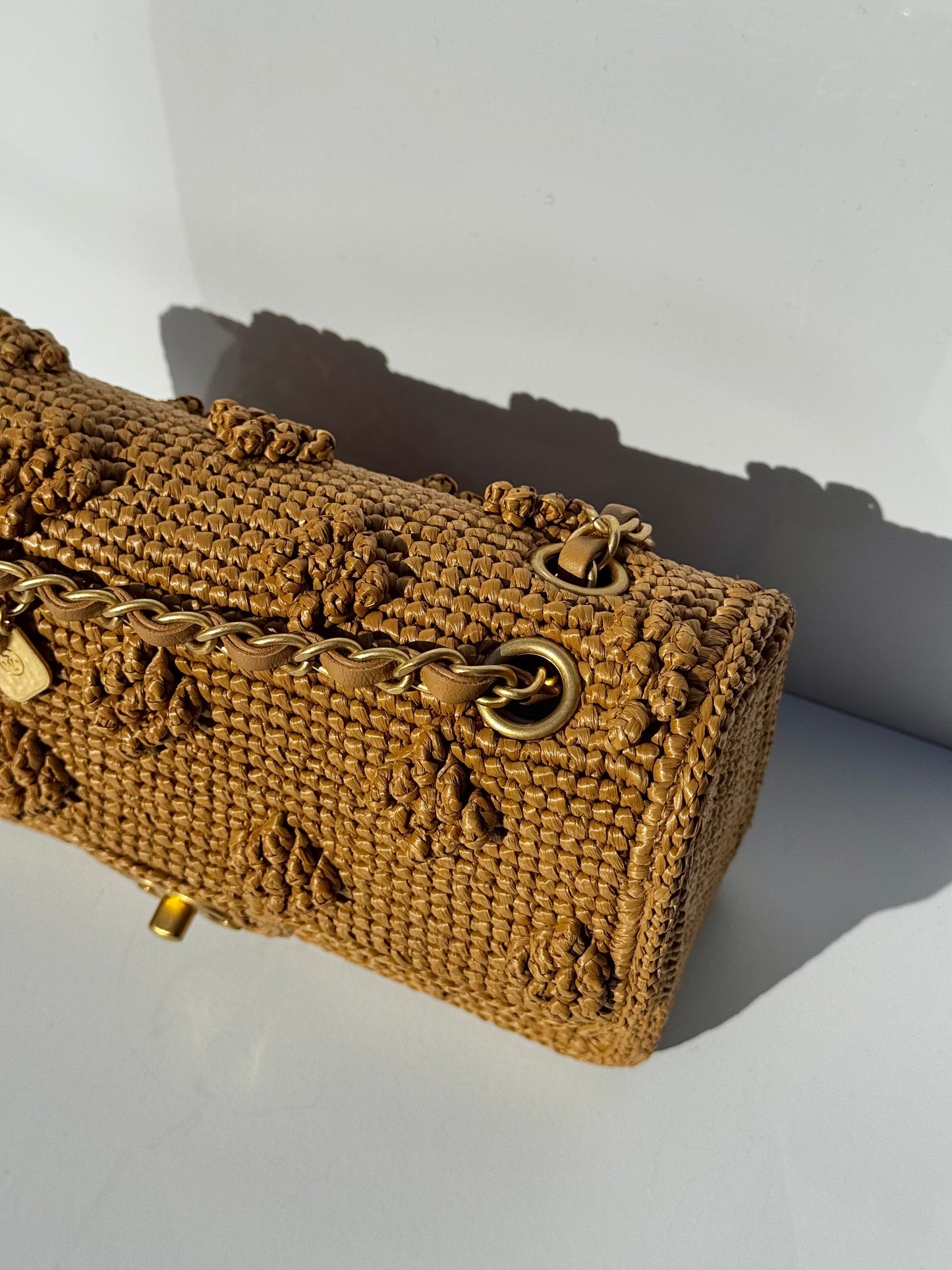 Chanel 24P Tan Braided Raffia Medium Flap Bag