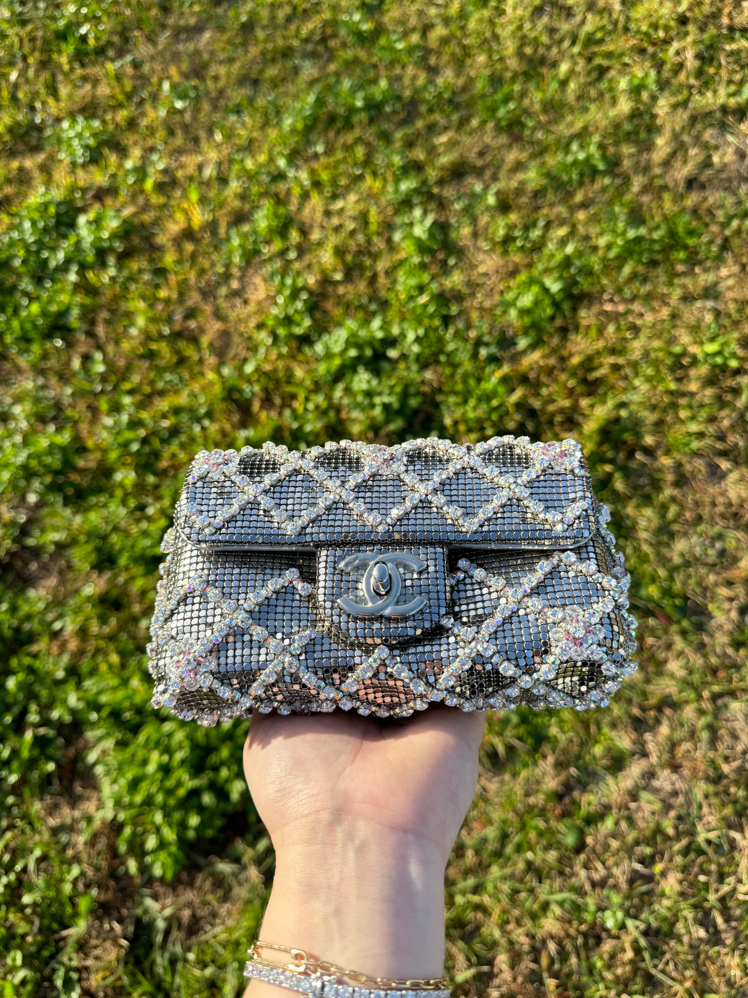 Chanel Silver Crystal Embellished Mini Flap