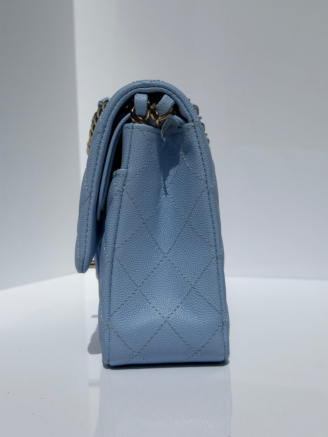 Chanel Medium Classic Double Flap Caviar Light Blue Light Gold Hardware 2023