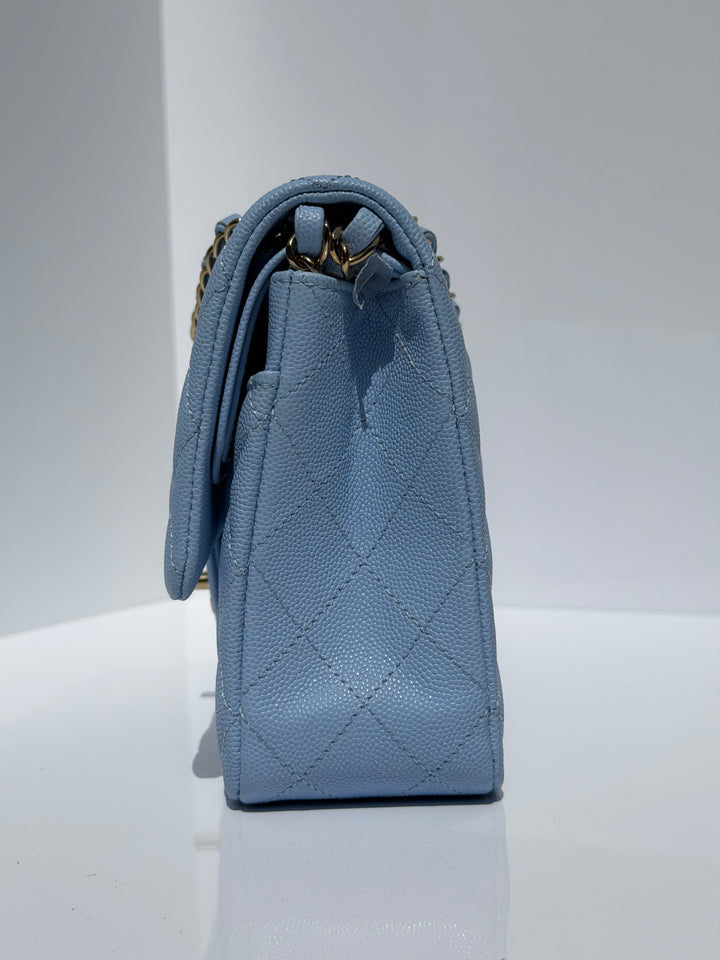 Chanel Medium Classic Double Flap Caviar Light Blue Light Gold Hardware 2023
