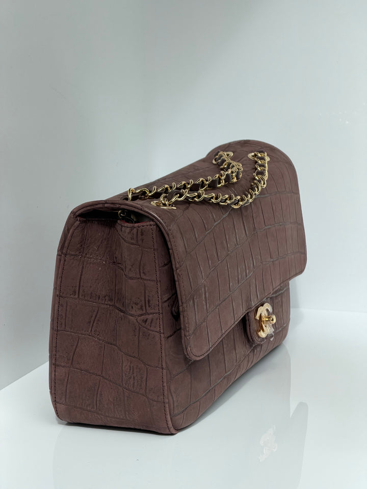 Chanel Maxi Flap Bag Brown Croc-Embossed Suede Calfskin Gold Tone Hardware 2026
