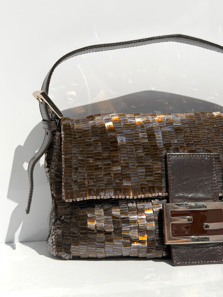 Fendi Brown Sequin Zucca FF Baguette Silver Hardware