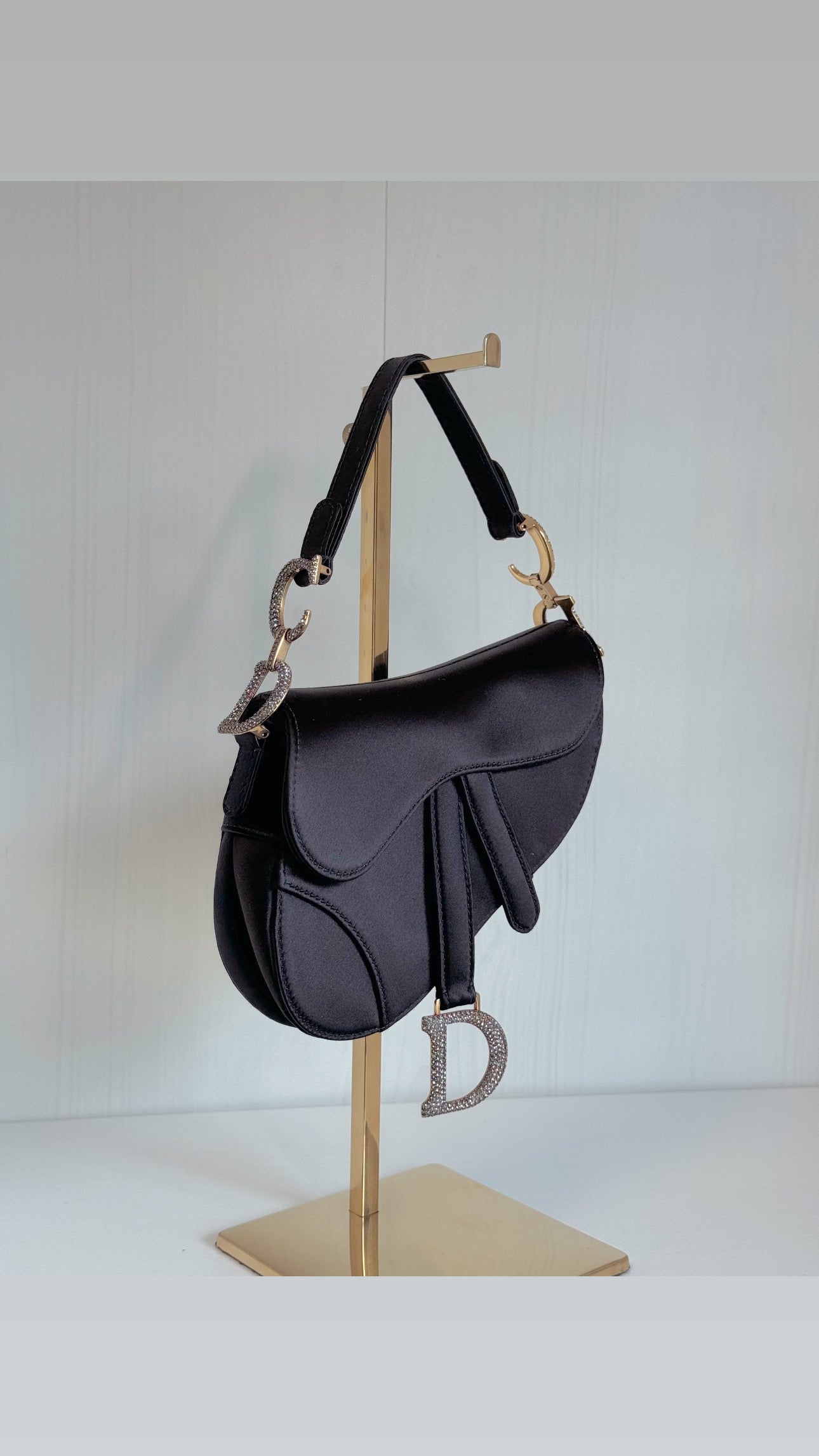 Rare Dior Black Satin Crystal Mini Saddle