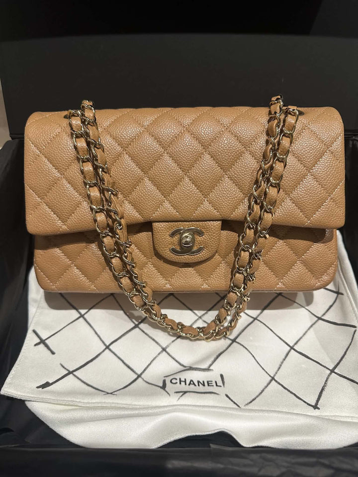 Chanel Medium Classic Flap Bag Dark Beige Caviar Gold Tone Hardware 2018