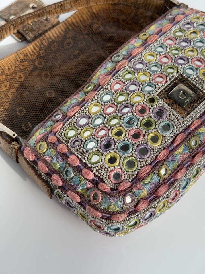 Fendi Baguette Mirror Specchietti Bag Multicolor Silk Embroidery & Beading Lizard Trim 2009