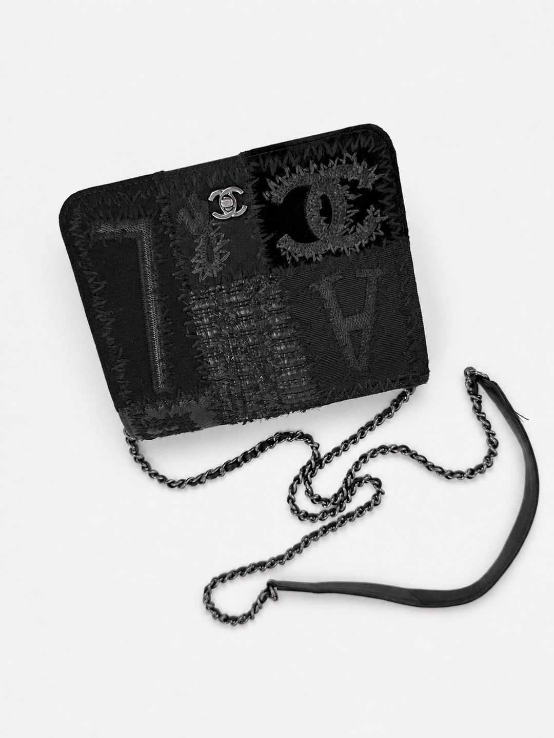 Chanel Black Mixed Media Patchwork Square Wallet on Chain Silver Hardware 2018
