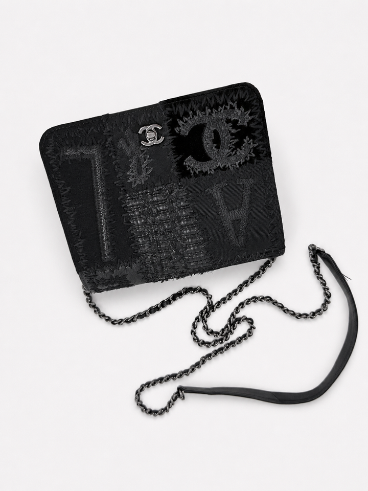 Chanel Black Mixed Media Patchwork Square Wallet on Chain Silver Hardware 2018