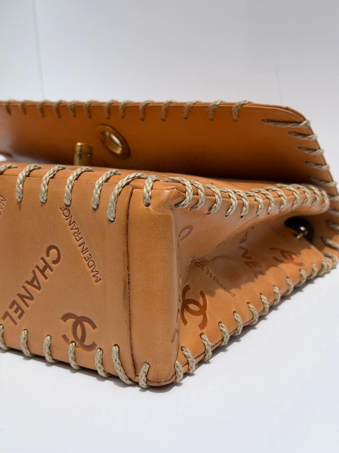 Chanel Jumbo Classic Flap Bag Tan Debossed Logo Calfskin Whipstitched Gold Hardware 1994
