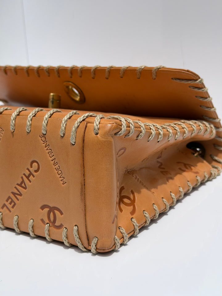 Chanel Jumbo Classic Flap Bag Tan Debossed Logo Calfskin Whipstitched Gold Hardware 1994
