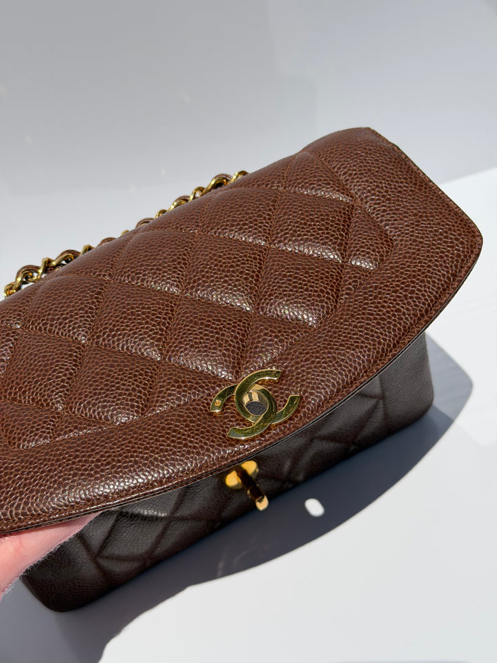 Chanel Small Diana Flap Bag Caviar Brown 24K Plated Gold Hardware 1994
