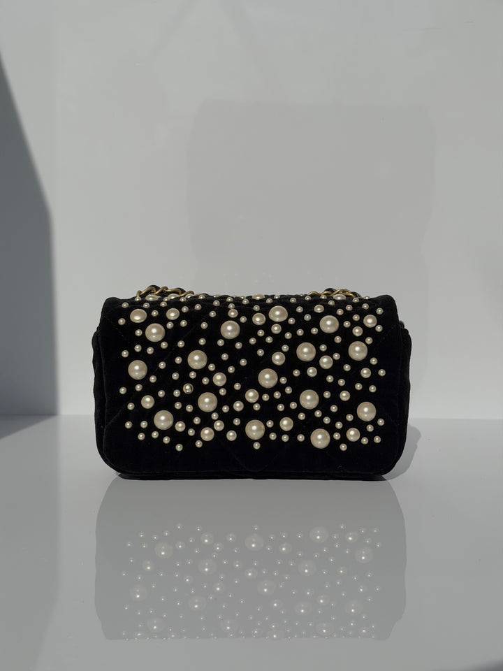 Chanel Black Velvet Mini Pearl Flap Bag