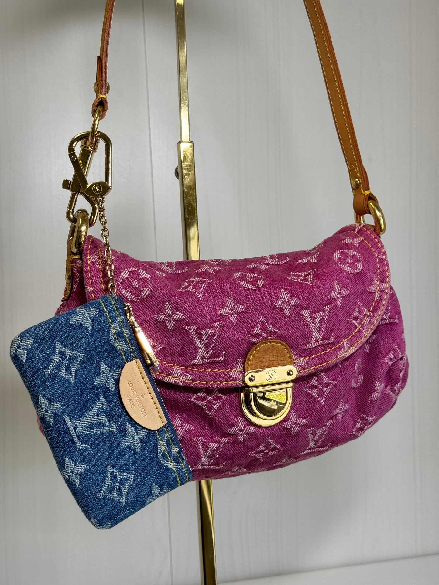 Louis Vuitton Pink Monogram Denim Mini Pleaty + Coin Pouch