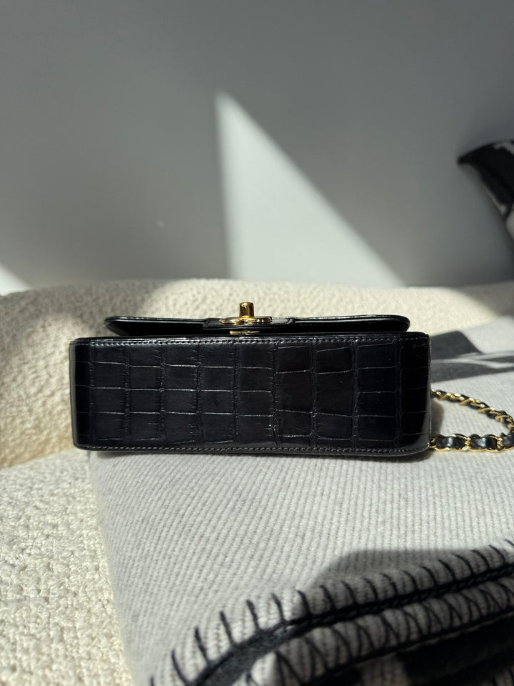 Chanel Mini Classic Flap Alligator Black Gold Hardware 2018