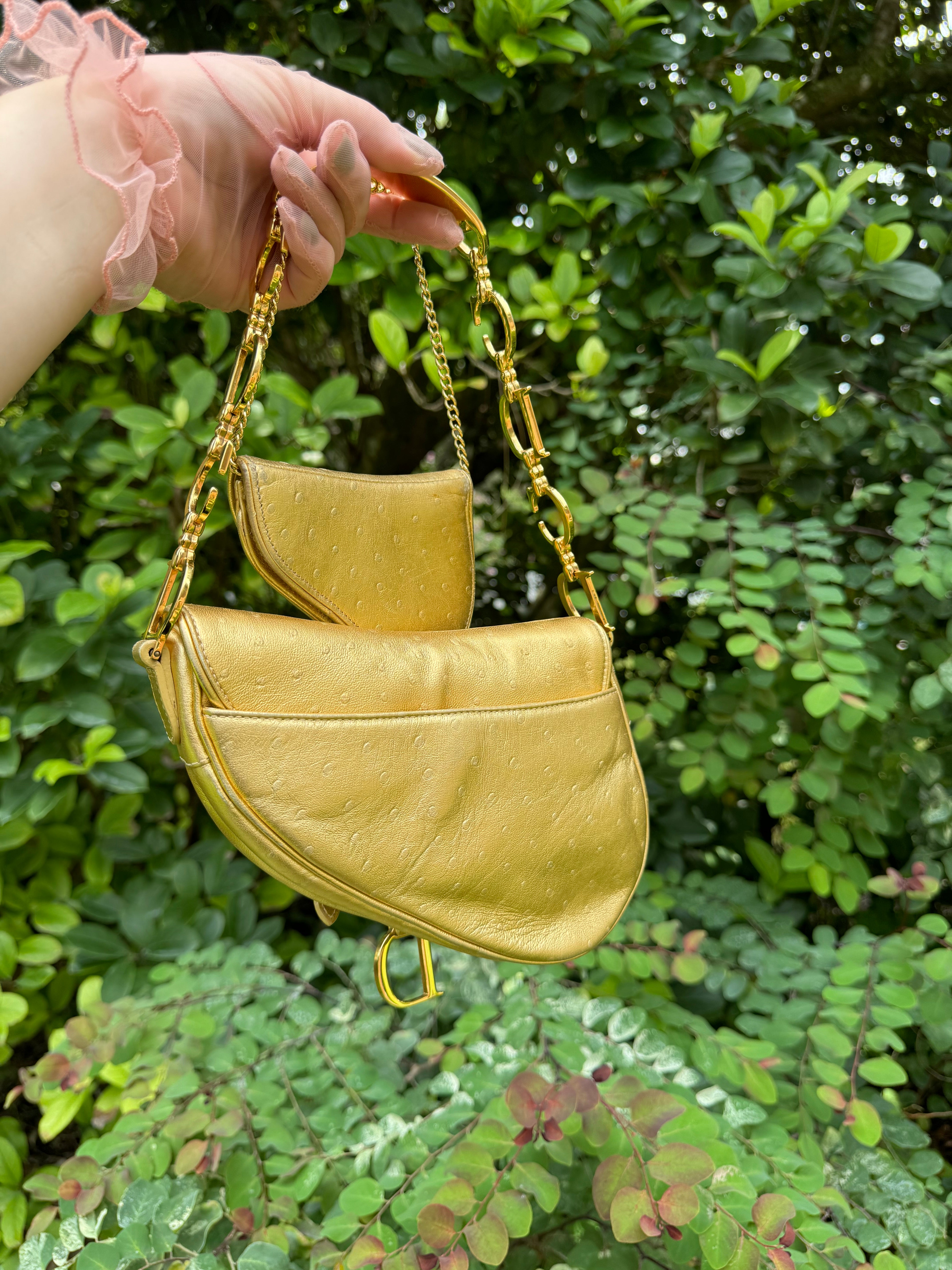 Christian Dior Metallic Gold Ostrich Saddle + Matching Pouch – Its