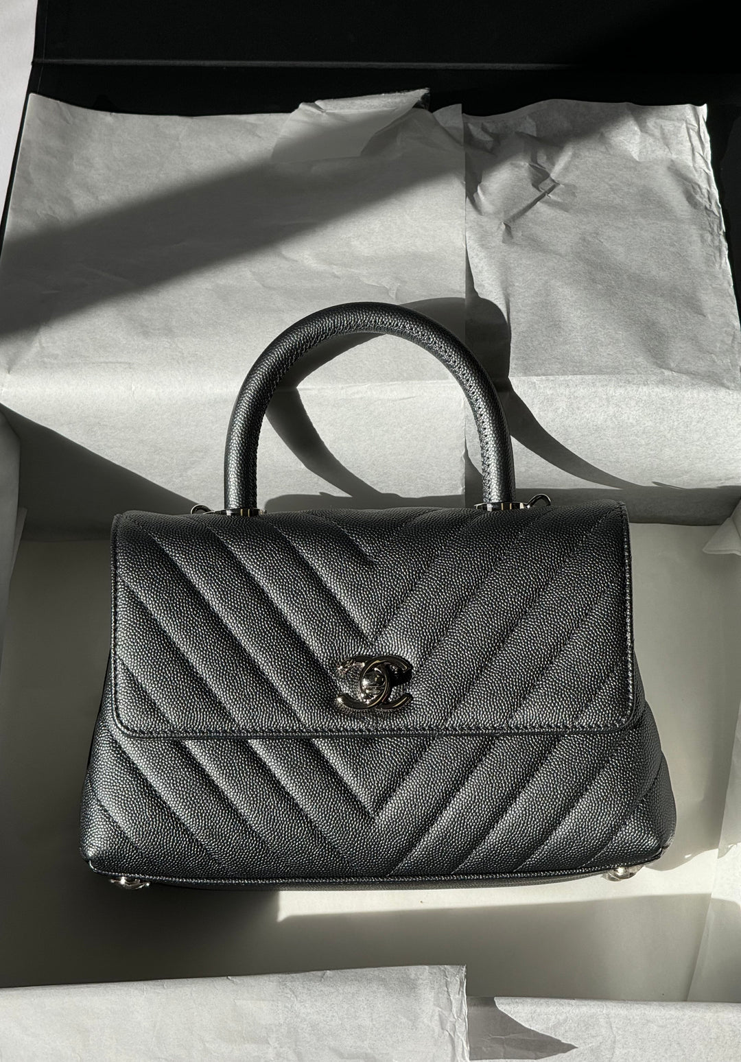 Chanel Small 19K Grey Caviar Coco