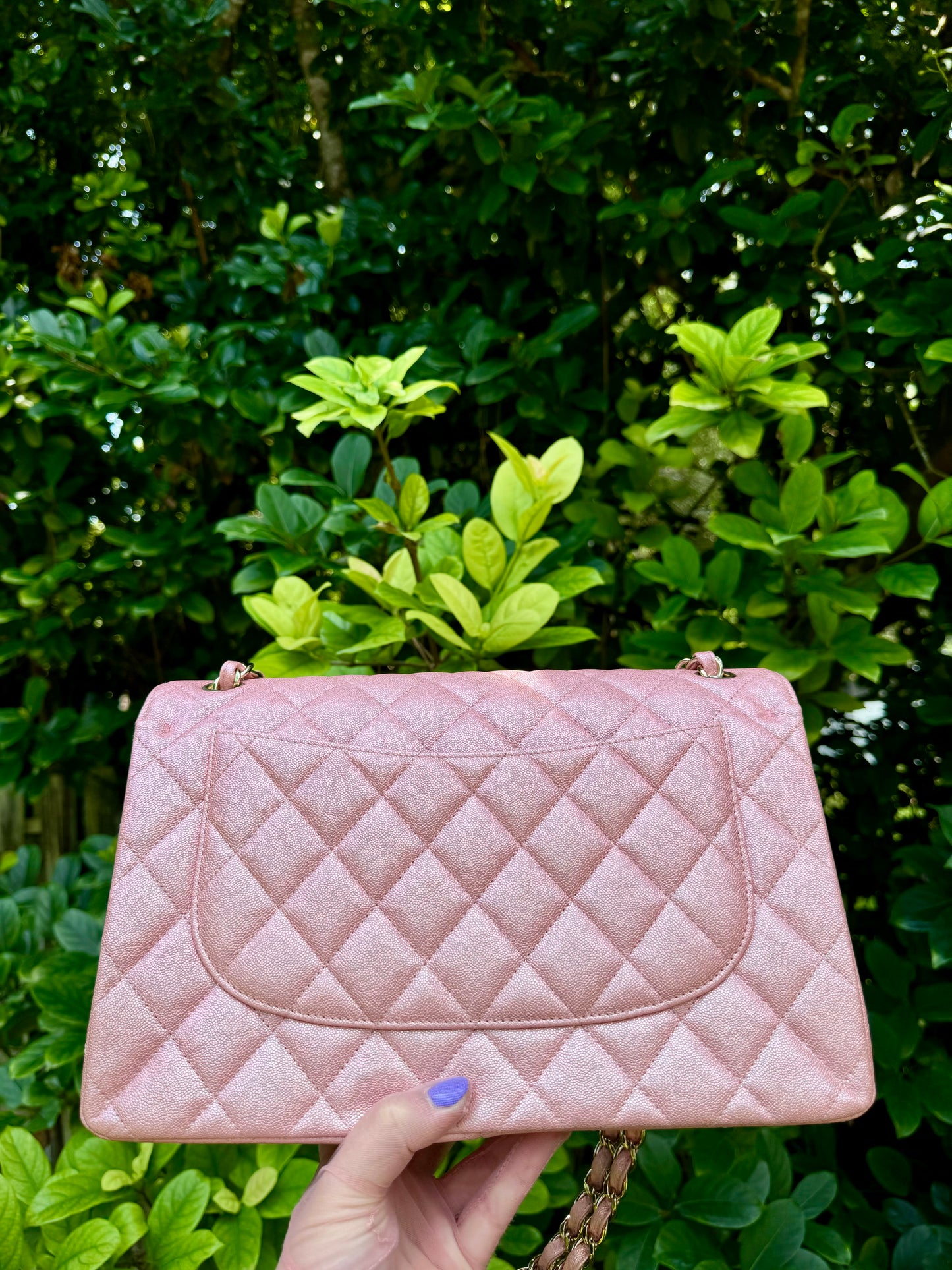 Chanel 19S Pink Iridescent Jumbo Caviar Double Flap Bag