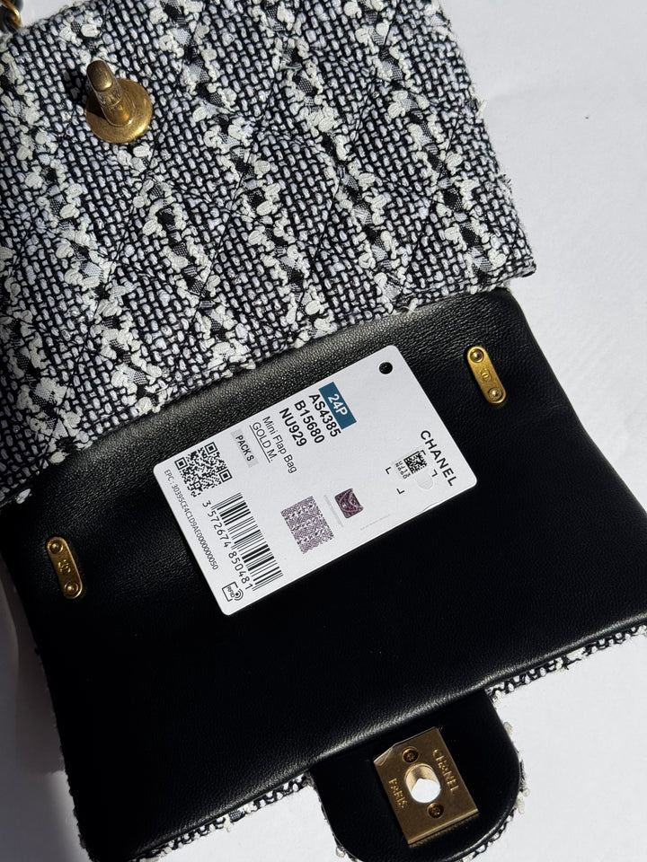 Chanel Black & White Mini Tweed Pearl Flap Bag