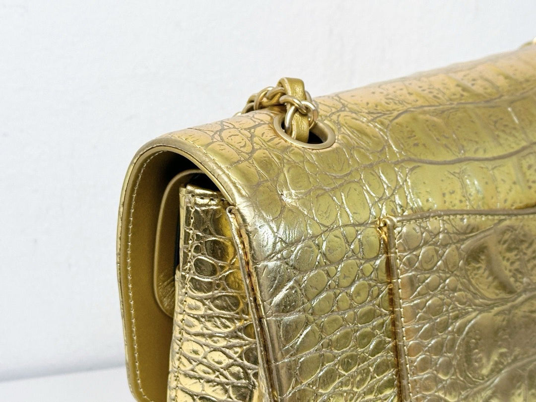 Chanel Metallic Gold Croc Embossed Medium Classic Flap Bag