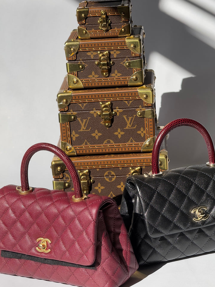 Chanel Small Black Caviar Coco + Burgundy Lizard Top Handle