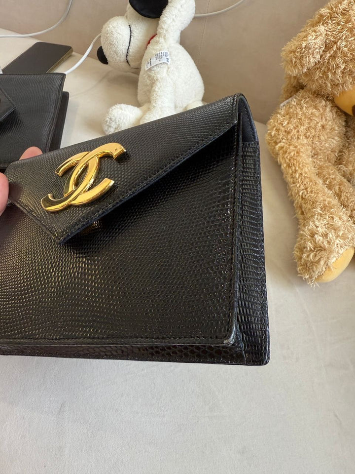 Chanel 1991 Black Lizard CC Envelope Flap Bag