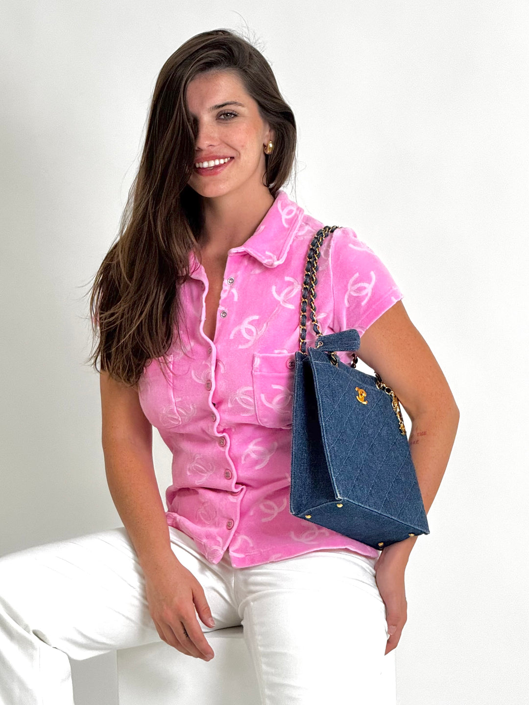 Chanel Spring 1996 Pink Velour CC Button Top X EstherandSasha