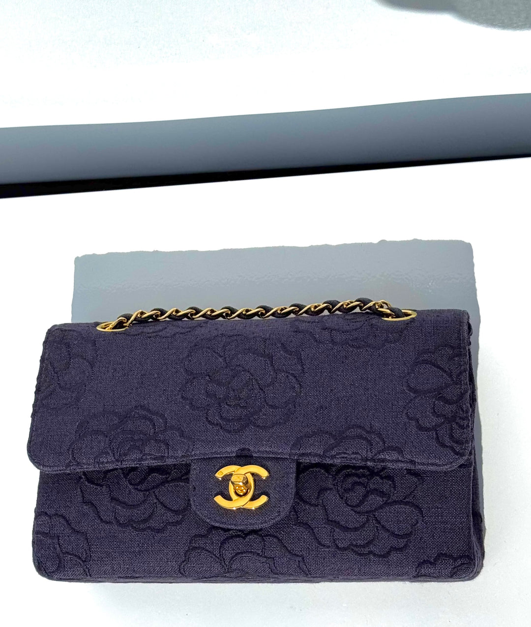 Chanel 1997 Medium 24K Navy Camellia Classic Flap Bag