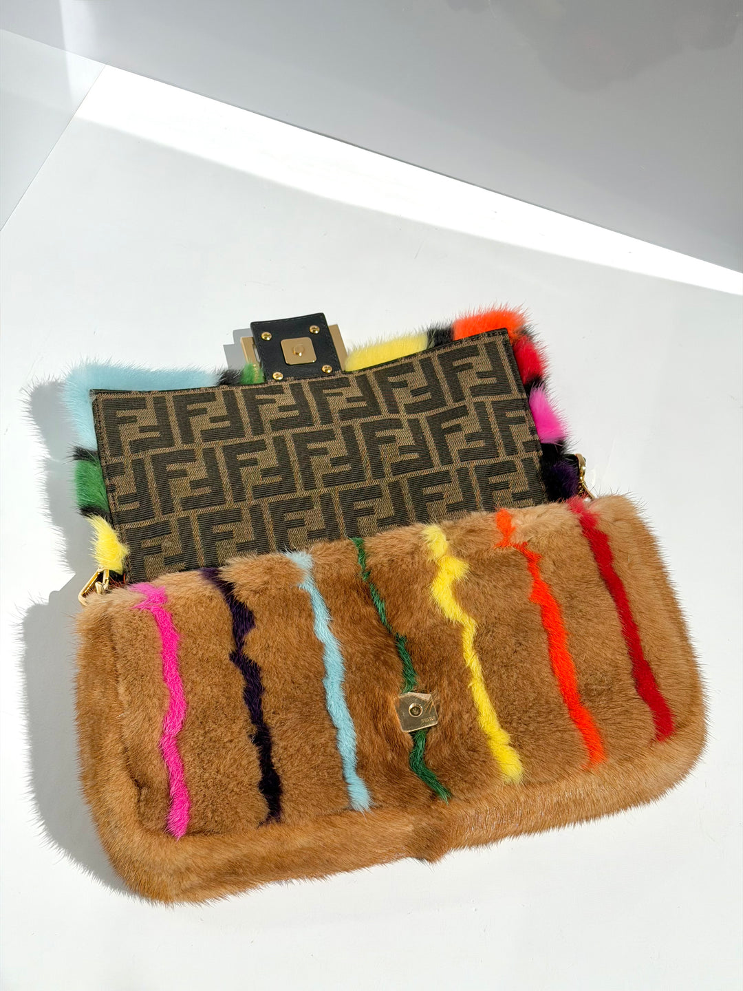 Fendi Baguette Visone Intarsio Arcobaleno Multicolor Mink Fur Gold Hardware 2022
