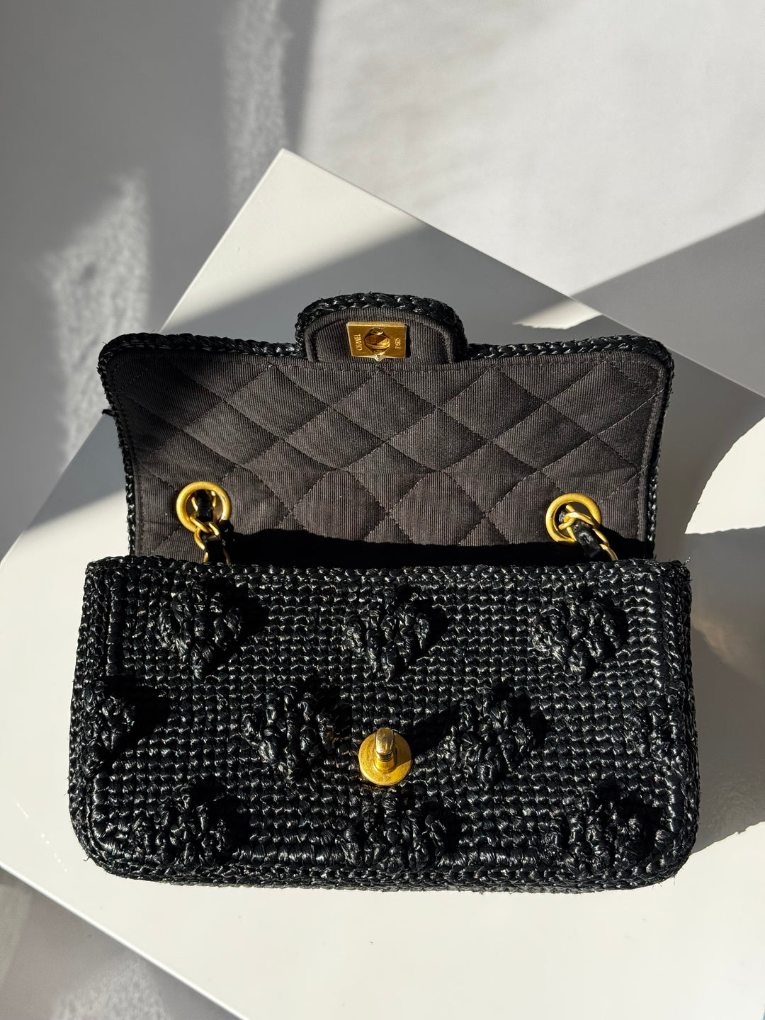 Chanel 24P Black Braided Raffia Mini Flap Bag