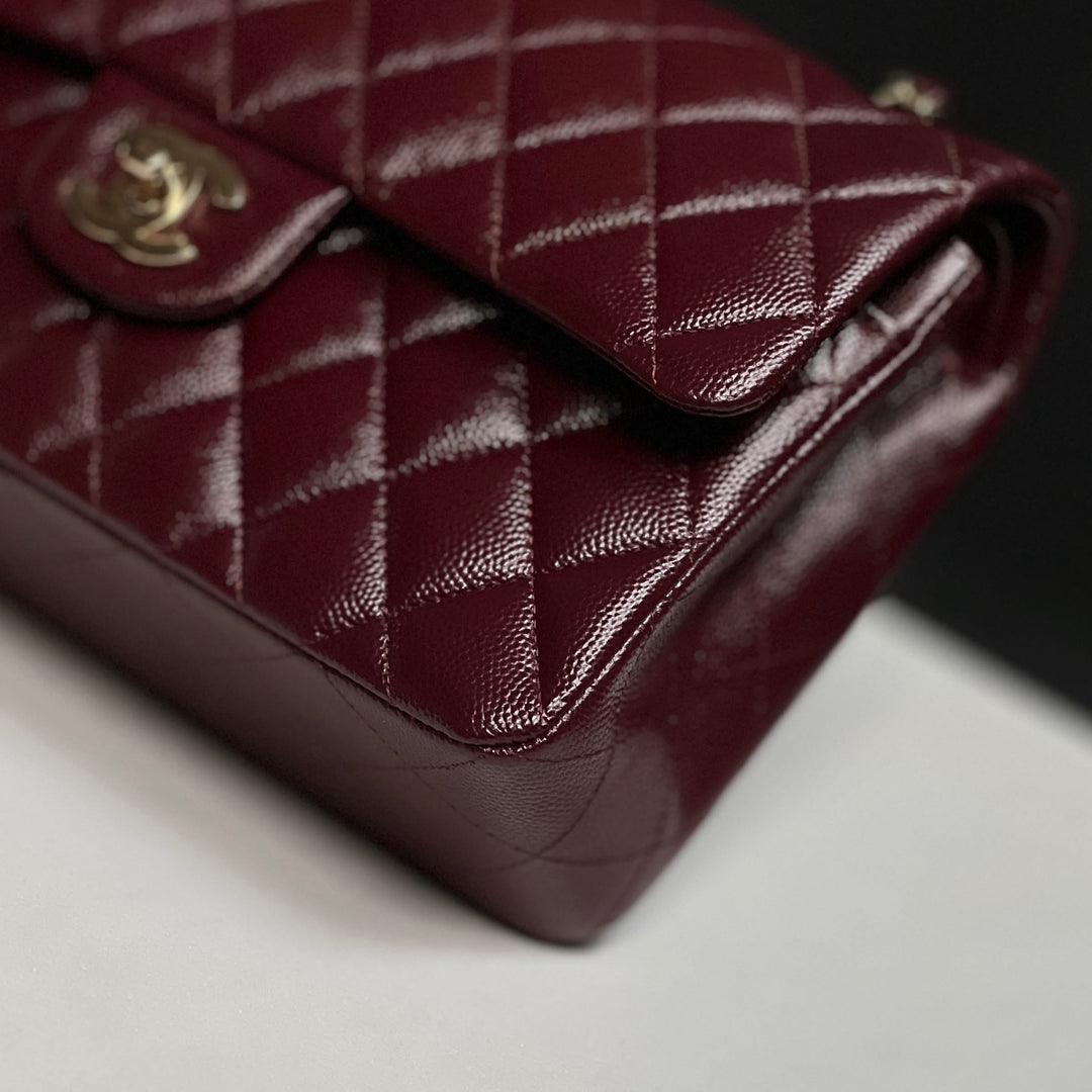 Chanel Small Classic Double Flap Caviar Burgundy Light Gold Hardware 2021