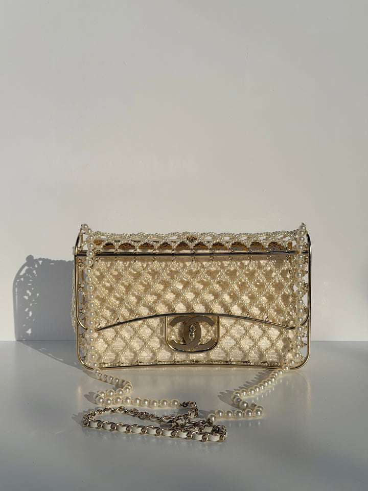 Chanel 2014 Pearl Embellished Caged Flap Minaudière Bag