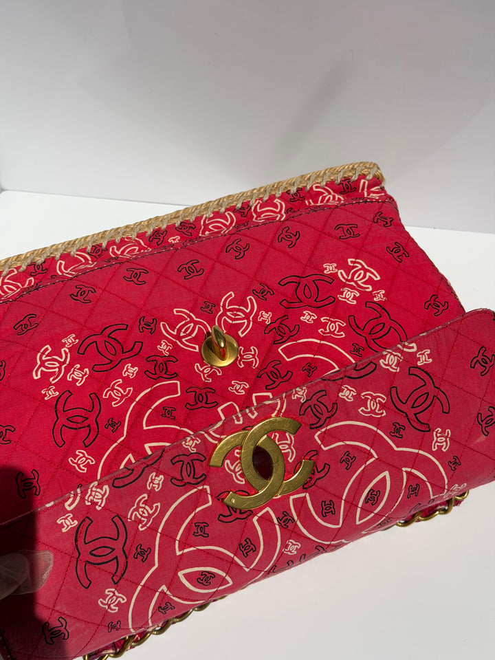 Chanel Vintage Red Bandana Paisley Print Straw Maxi Jumbo Flap Bag 1994