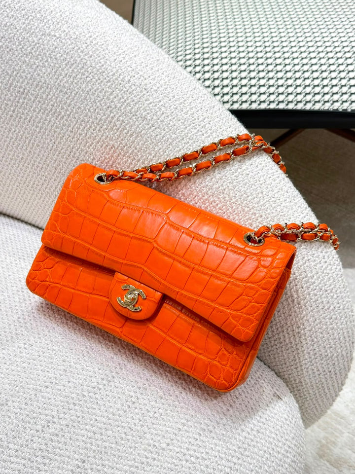 Chanel Medium Classic Flap Bag Matte Alligator Orange Light Gold Hardware 2013