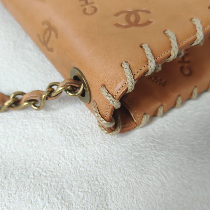 Chanel Maxi Classic Flap Bag Tan Debossed Logo Calfskin Whipstitched Gold Hardware 1994