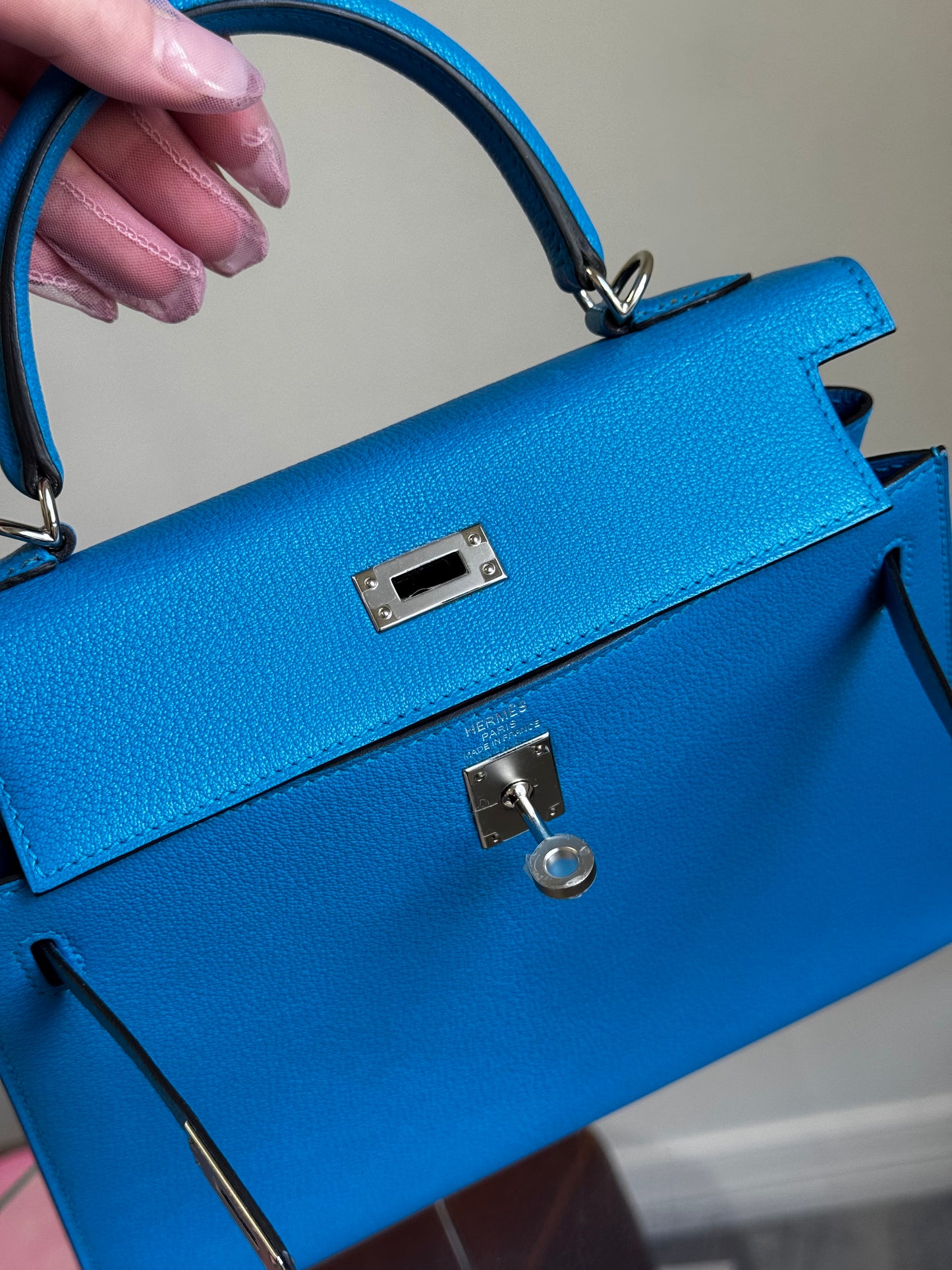 Hermes Bleu Frida Chèvre Kelly 25 Sellier