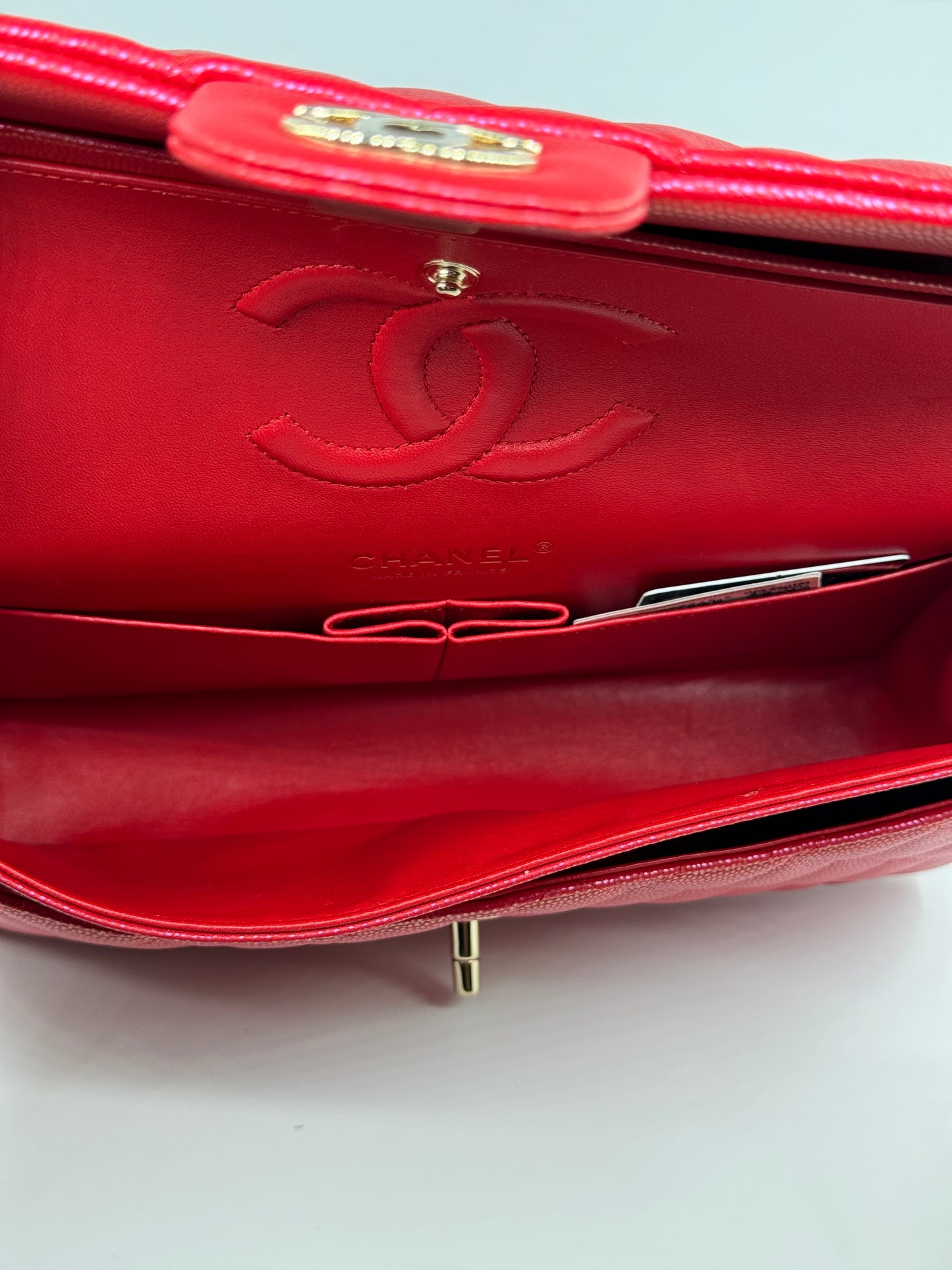 Chanel 21S Red Iridescent Medium Caviar Flap Bag